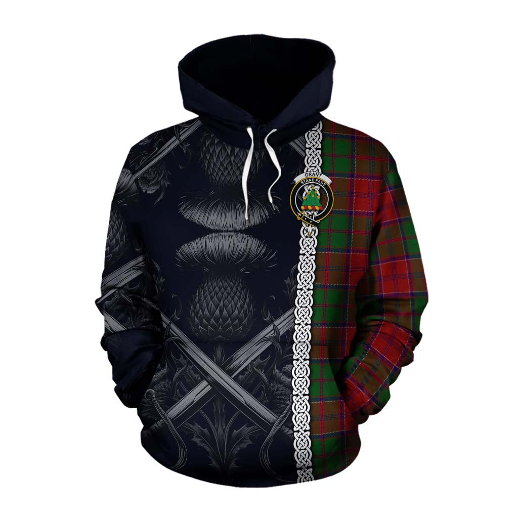 Tartan Vibes Clothing Grant Tartan Cotton Hoodie with Family Crest Cross Sword Thistle Celtic Vibes