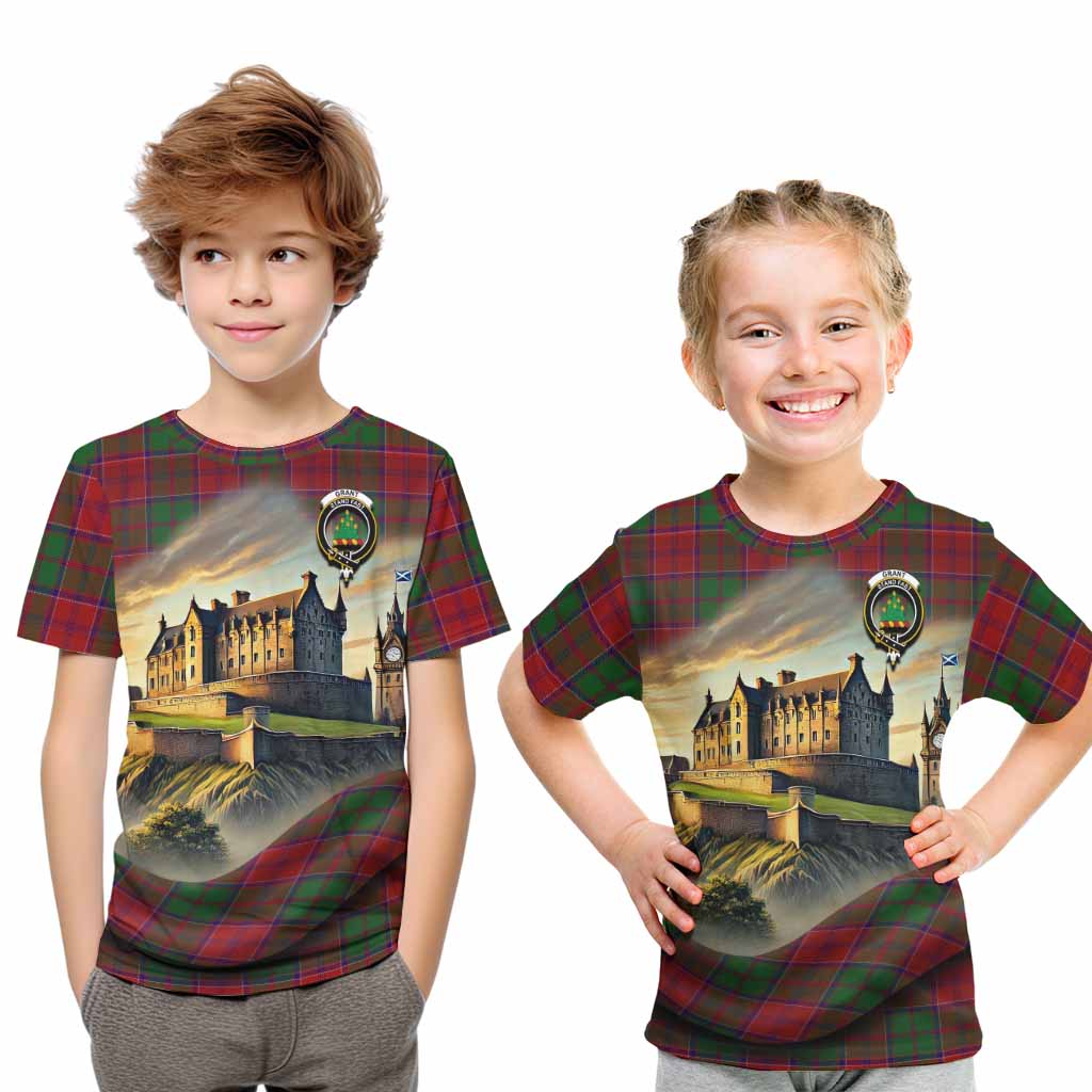 Tartan Vibes Clothing Grant Tartan Family Crest Kid T-Shirt with Scottish Ancient Castle Style