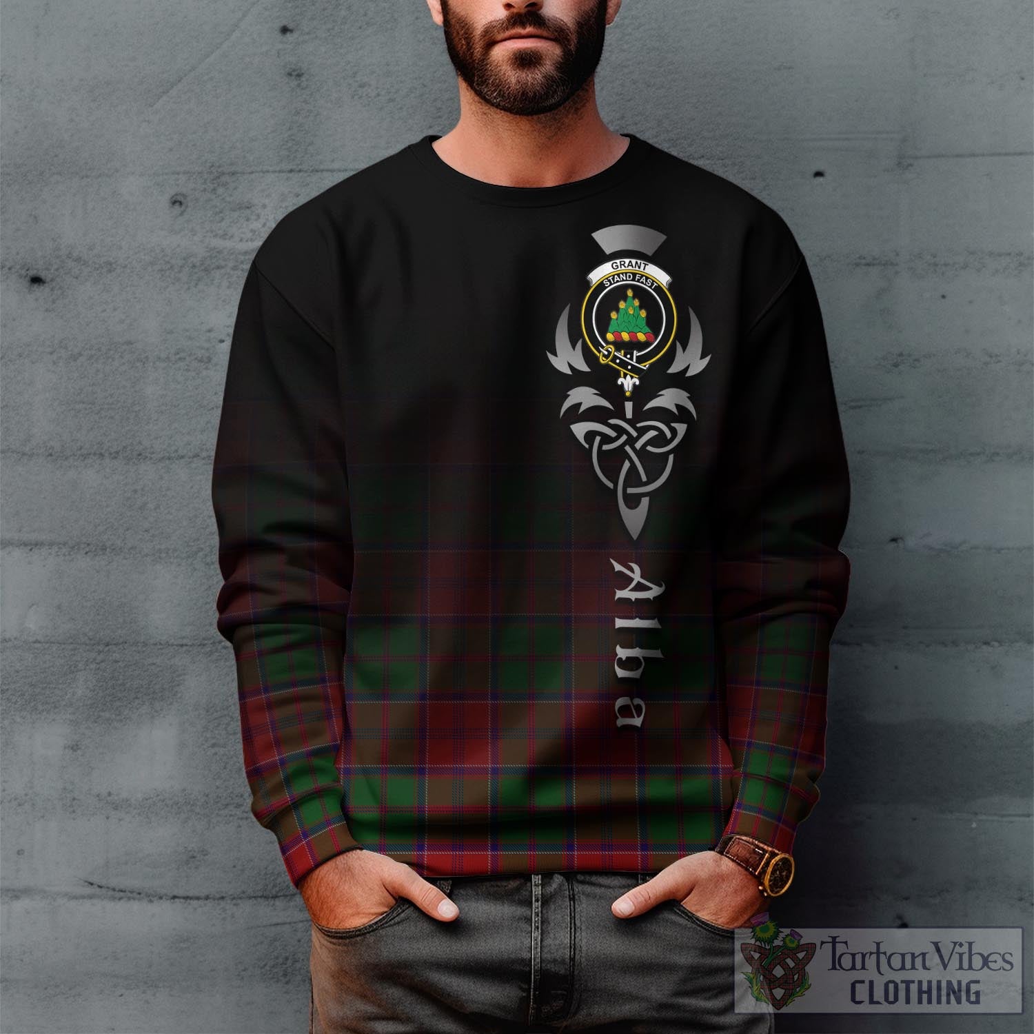 Tartan Vibes Clothing Grant Tartan Sweatshirt Featuring Alba Gu Brath Family Crest Celtic Inspired