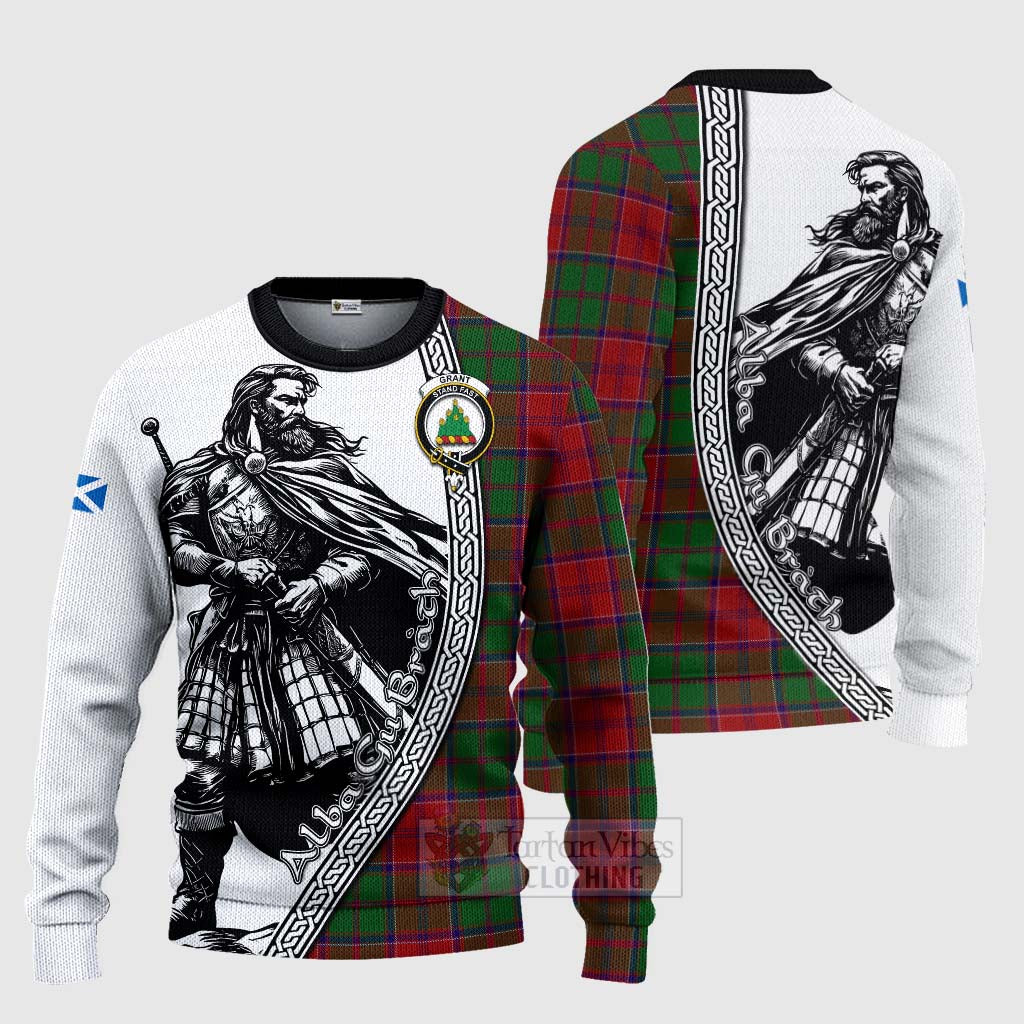 Tartan Vibes Clothing Grant Tartan Clan Crest Knitted Sweater with Highlander Warrior Celtic Style