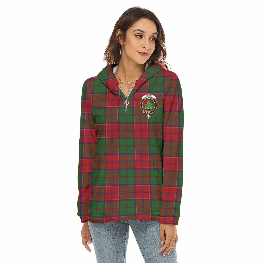 Grant Tartan Women's Borg Fleece Hoodie with Half Zip with Family Crest Female - Tartan Vibes Clothing