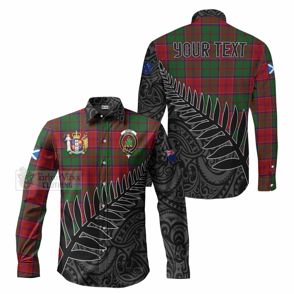 Tartan Vibes Clothing Grant Crest Tartan Long Sleeve Button Shirt with New Zealand Silver Fern Half Style
