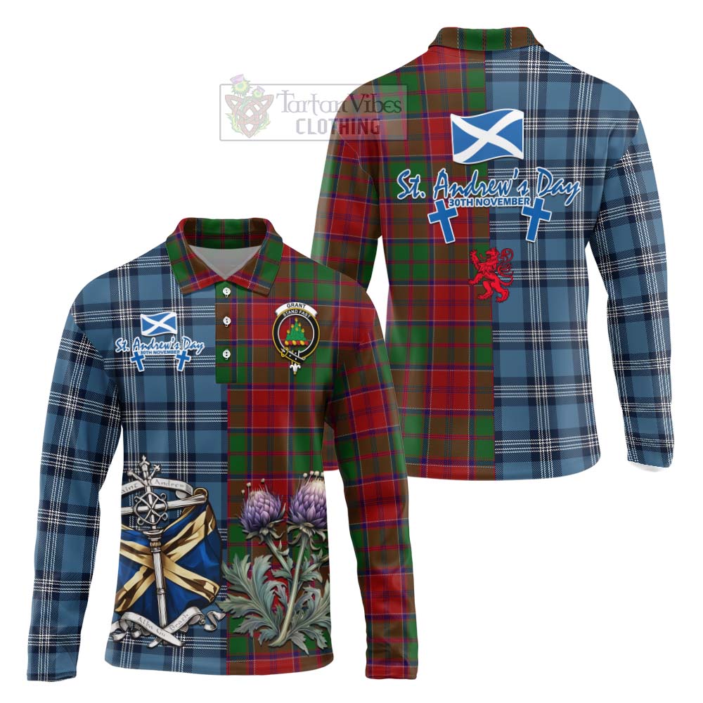 Tartan Vibes Clothing Grant Tartan Long Sleeve Polo Shirt Happy St. Andrew's Day Half Tartan Style