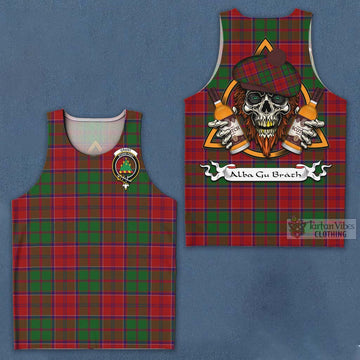 Grant Tartan Men's Tank Top with Family Crest and Bearded Skull Holding Bottles of Whiskey