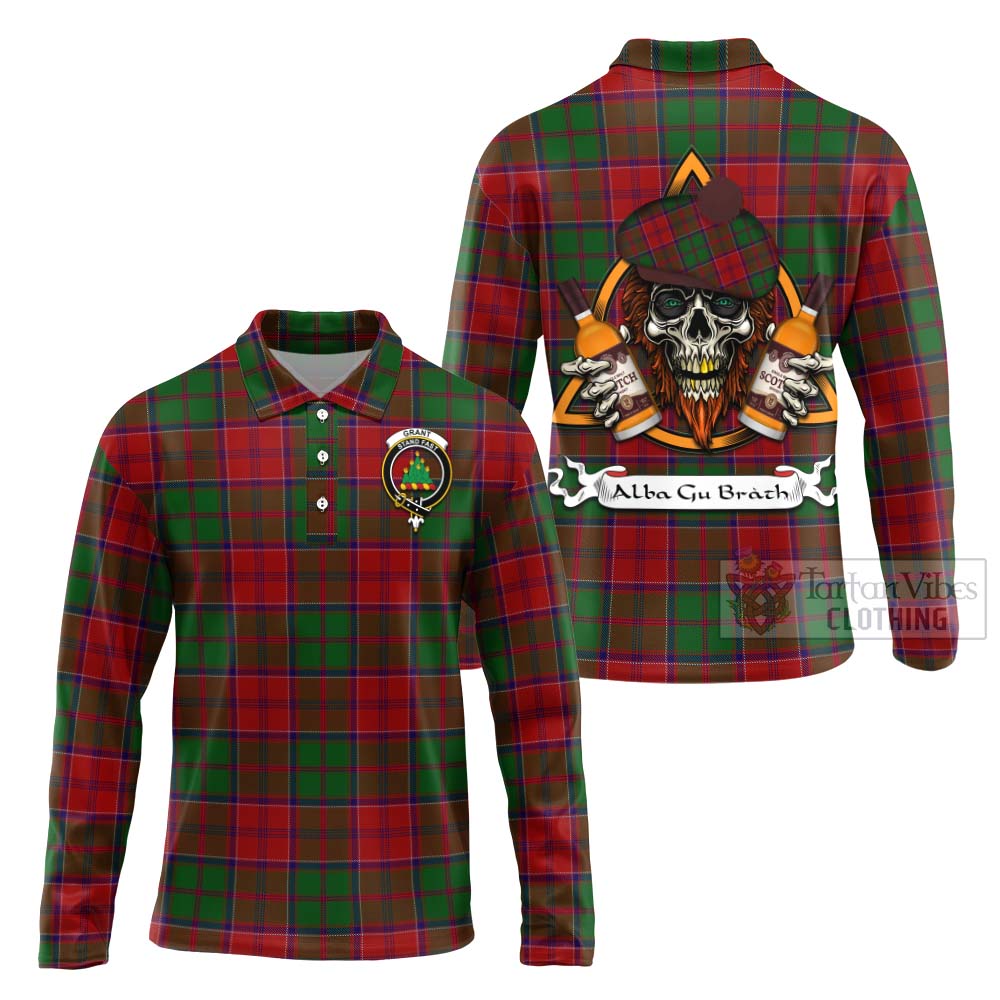 Tartan Vibes Clothing Grant Tartan Long Sleeve Polo Shirt with Family Crest and Bearded Skull Holding Bottles of Whiskey