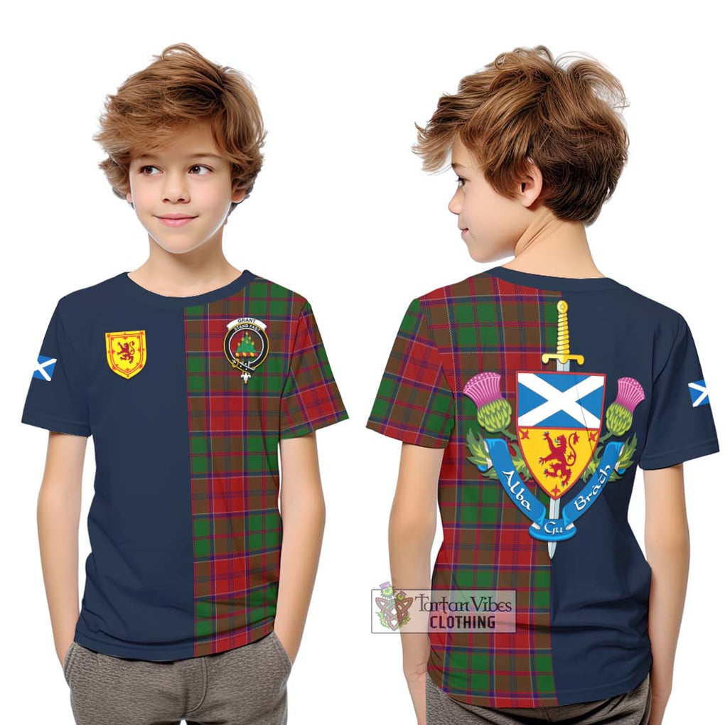 Tartan Vibes Clothing Grant Tartan Kid T-Shirt with Scottish Lion Royal Arm Half Style