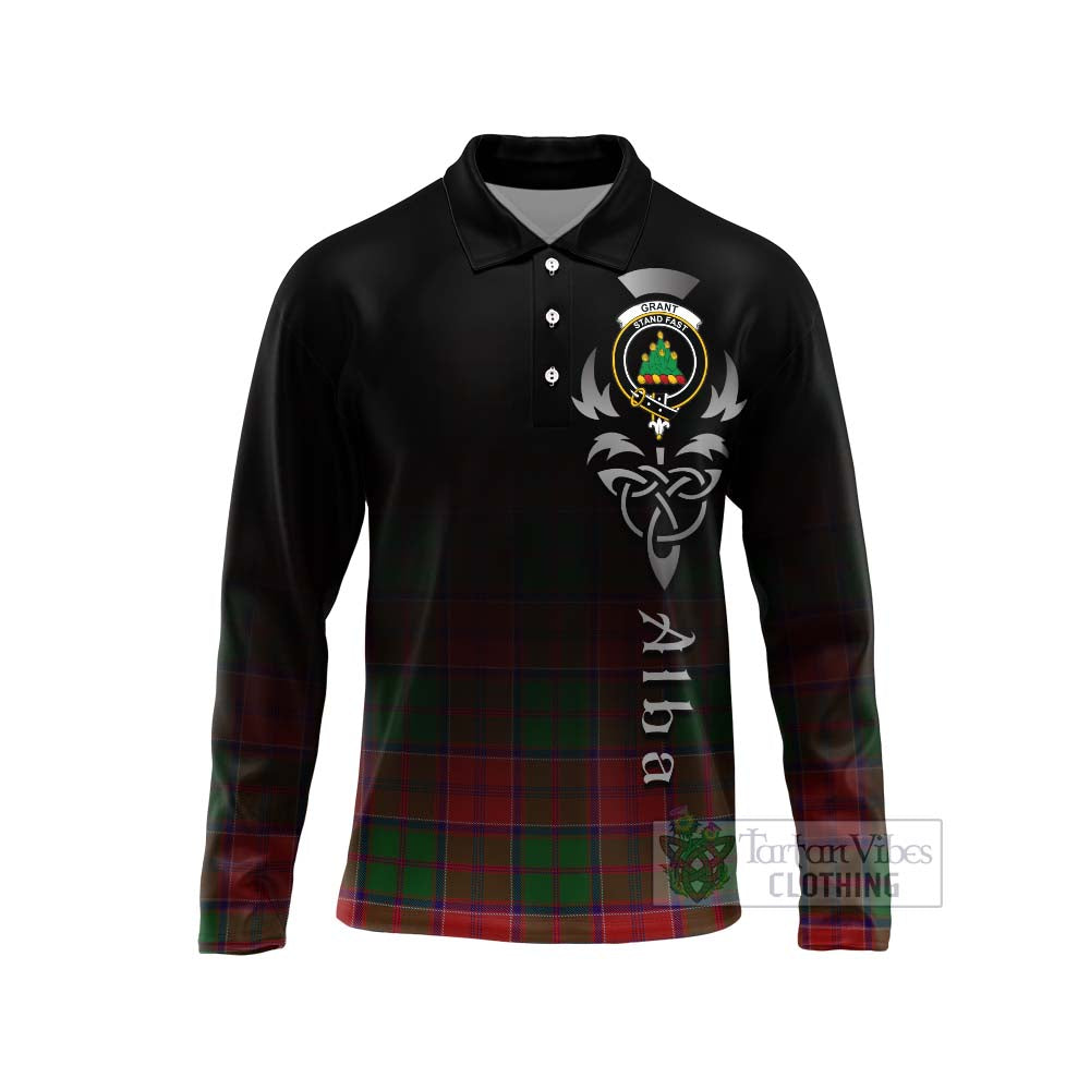 Tartan Vibes Clothing Grant Tartan Long Sleeve Polo Shirt Featuring Alba Gu Brath Family Crest Celtic Inspired