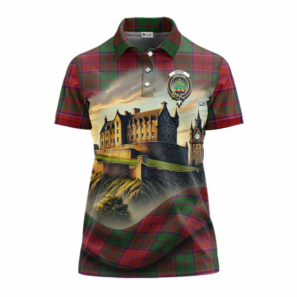 Tartan Vibes Clothing Grant Tartan Family Crest Women's Polo Shirt with Scottish Ancient Castle Stype