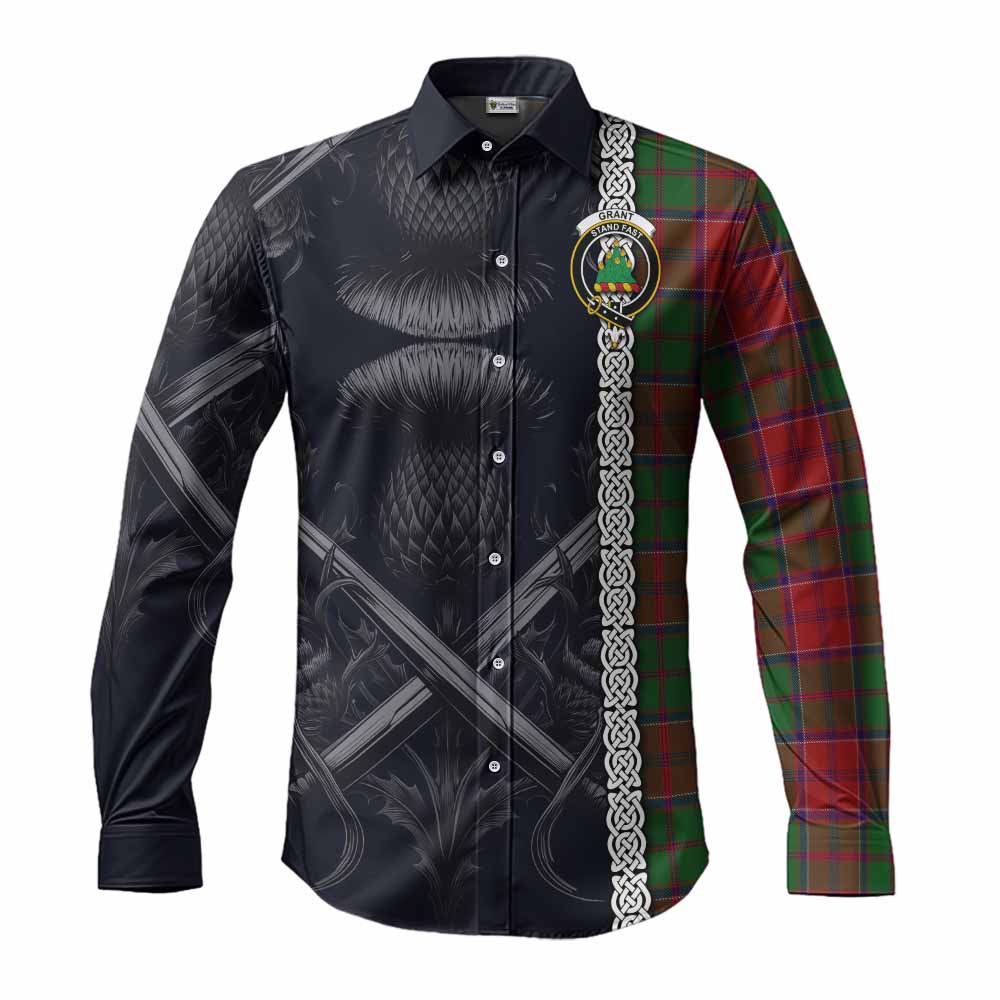 Tartan Vibes Clothing Grant Tartan Long Sleeve Button Shirt with Family Crest Cross Sword Thistle Celtic Vibes