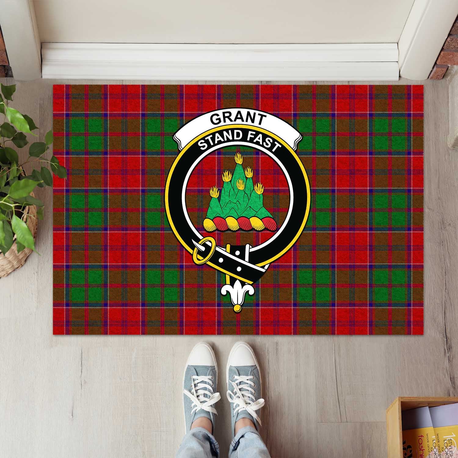 Grant Tartan Door Mat with Family Crest - Tartanvibesclothing