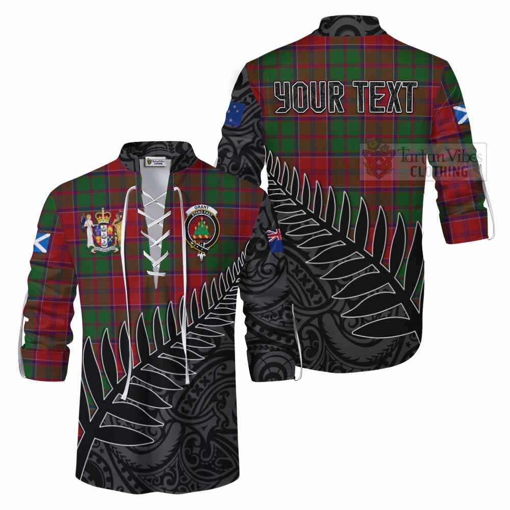 Tartan Vibes Clothing Grant Crest Tartan Ghillie Kilt Shirt with New Zealand Silver Fern Half Style