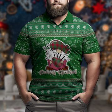 Grant Clan Christmas Family Polo Shirt with Funny Gnome Playing Bagpipes