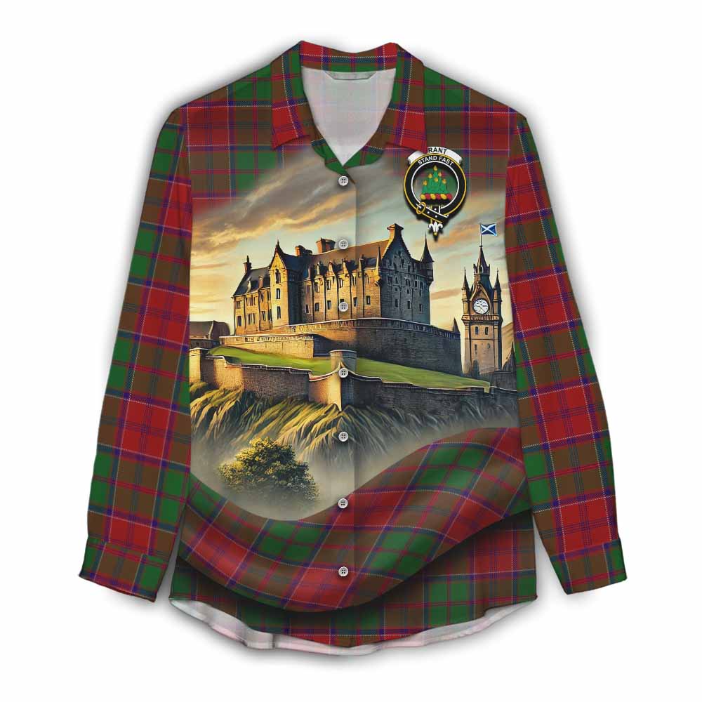 Tartan Vibes Clothing Grant Tartan Family Crest Women's Casual Shirt with Scottish Ancient Castle Style