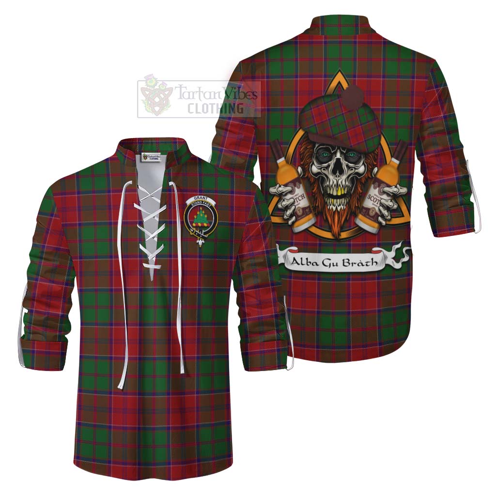 Tartan Vibes Clothing Grant Tartan Ghillie Kilt Shirt with Family Crest and Bearded Skull Holding Bottles of Whiskey