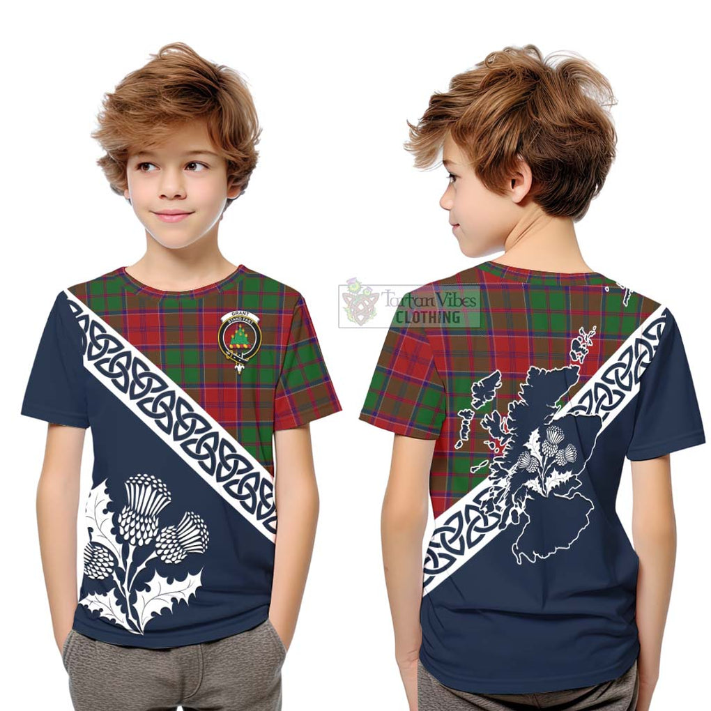 Tartan Vibes Clothing Grant Tartan Kid T-Shirt Featuring Thistle and Scotland Map