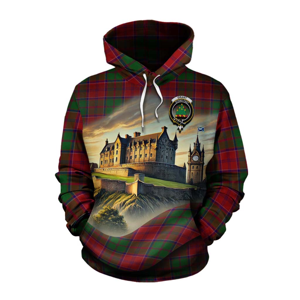 Tartan Vibes Clothing Grant Tartan Family Crest Cotton Hoodie with Scottish Ancient Castle Style