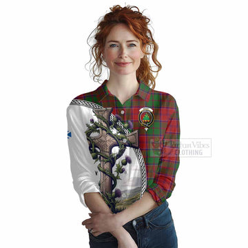 Tartan Vibes Clothing Grant Tartan Women's Casual Shirt with Family Crest and St. Andrew's Cross Accented by Thistle Vines