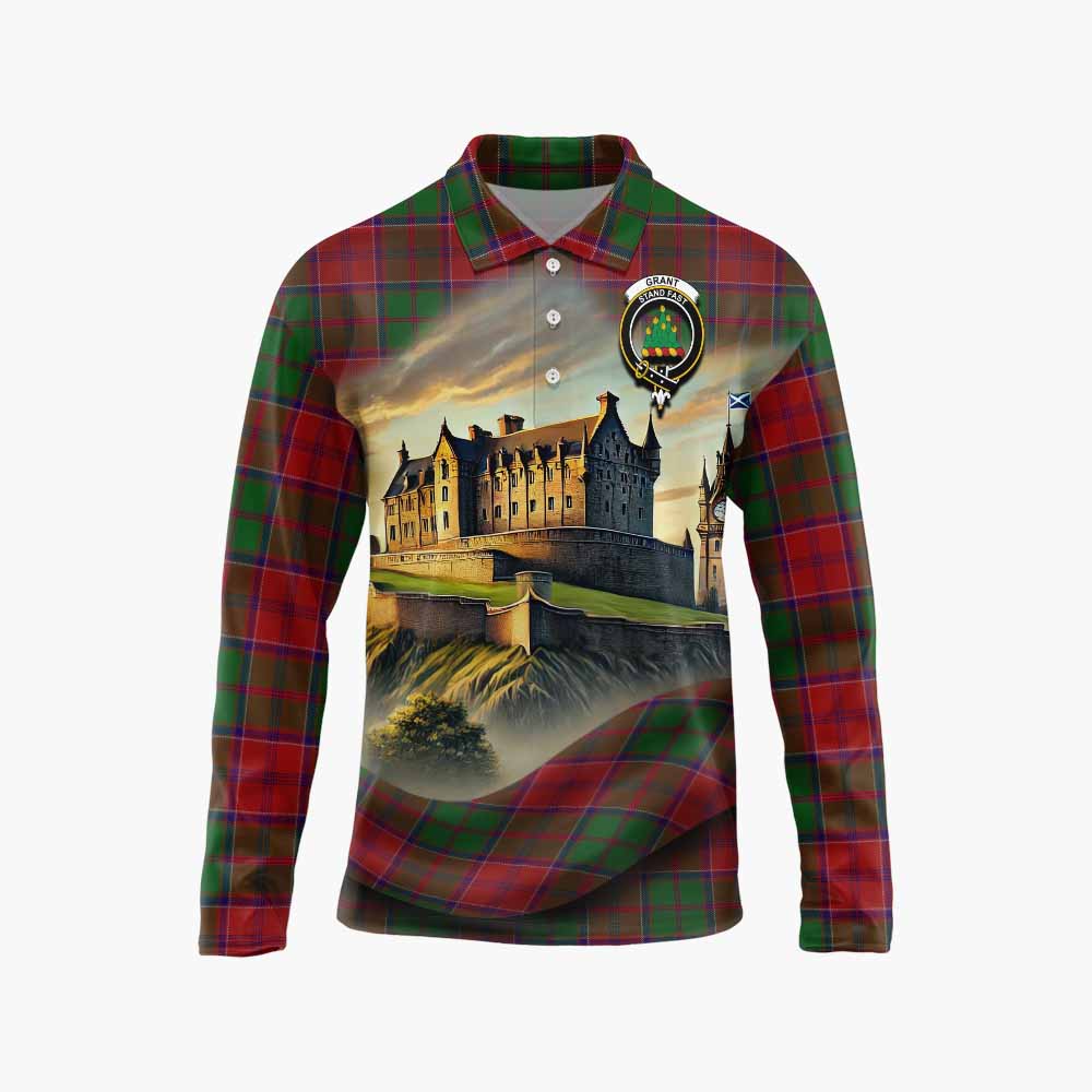Tartan Vibes Clothing Grant Tartan Family Crest Long Sleeve Polo Shirt with Scottish Ancient Castle Style