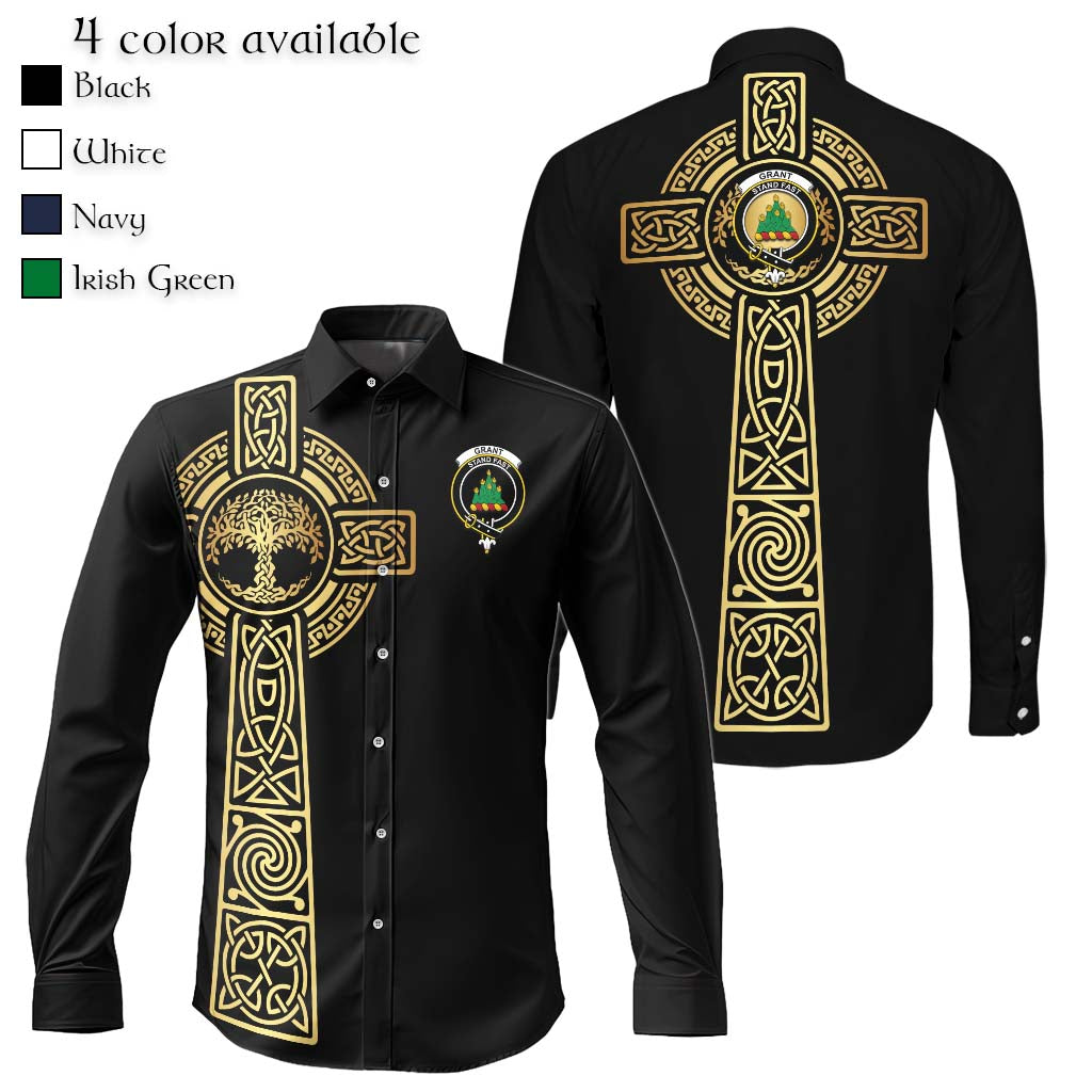 Grant Clan Mens Long Sleeve Button Up Shirt with Golden Celtic Tree Of Life Men's Shirt Black - Tartanvibesclothing