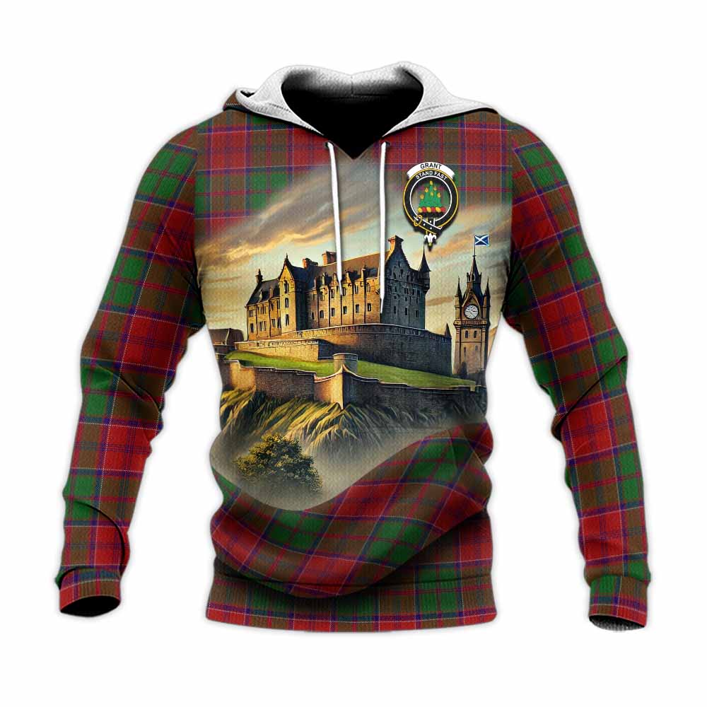 Tartan Vibes Clothing Grant Tartan Family Crest Knitted Hoodie with Scottish Ancient Castle Style