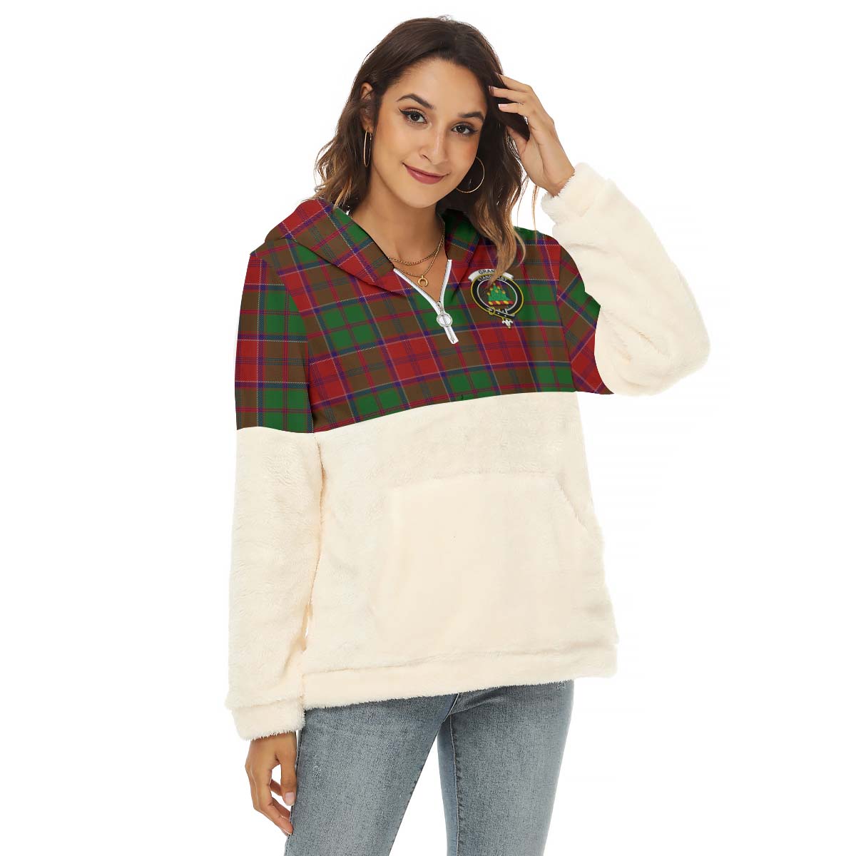 Grant Tartan Women's Borg Fleece Hoodie With Half Zip with Family Crest Female - Tartan Vibes Clothing