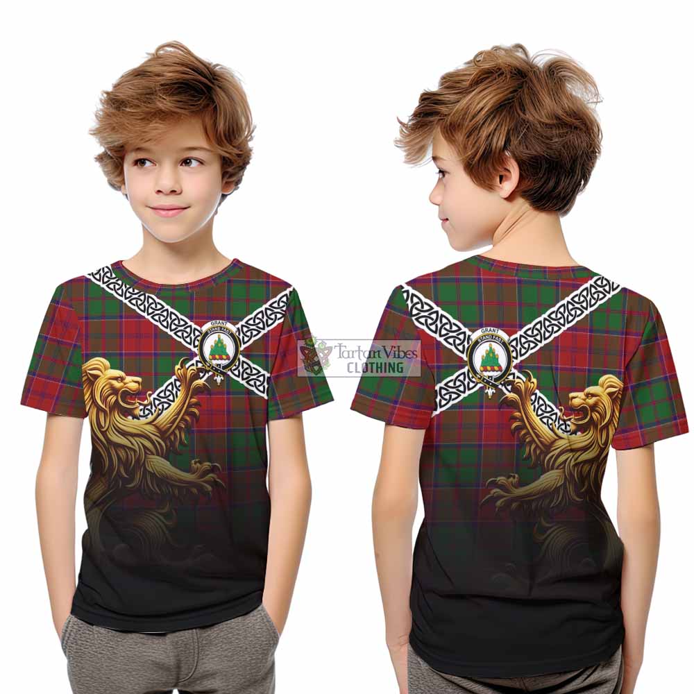 Tartan Vibes Clothing Grant Crest Tartan Kid T-Shirt with Golden Lion Emblem Celtic Style