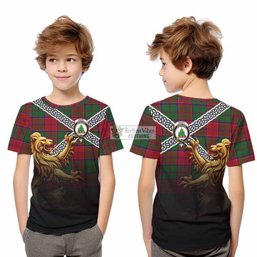 Grant Crest Tartan Kid T-Shirt with Golden Lion Emblem Celtic Style
