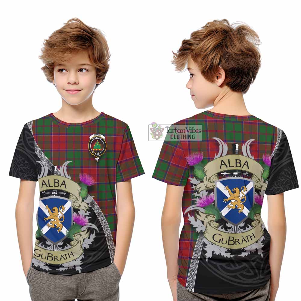 Tartan Vibes Clothing Grant Tartan Family Crest Kid T-Shirt Lion Rampant Royal Thistle Shield Celtic Inspired