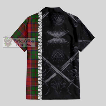 Tartan Vibes Clothing Grant Tartan Short Sleeve Button Shirt with Family Crest Cross Sword Thistle Celtic Vibes