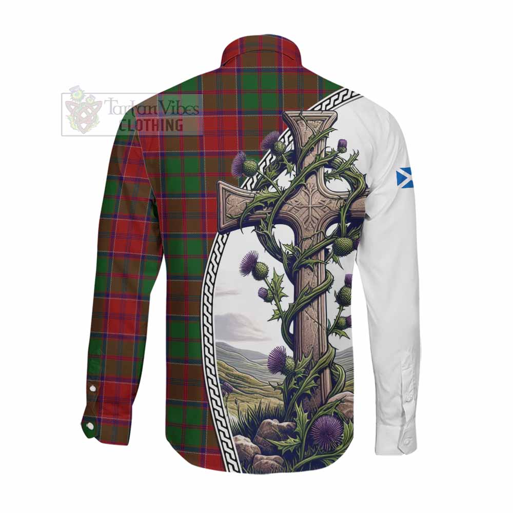 Tartan Vibes Clothing Grant Tartan Long Sleeve Button Shirt with Family Crest and St. Andrew's Cross Accented by Thistle Vines