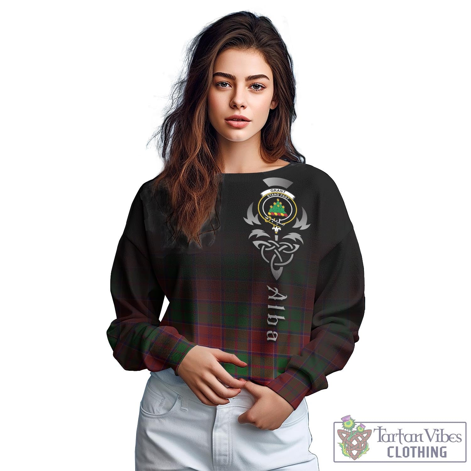 Tartan Vibes Clothing Grant Tartan Sweatshirt Featuring Alba Gu Brath Family Crest Celtic Inspired