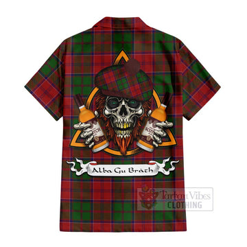 Tartan Vibes Clothing Grant Tartan Short Sleeve Button Shirt with Family Crest and Bearded Skull Holding Bottles of Whiskey