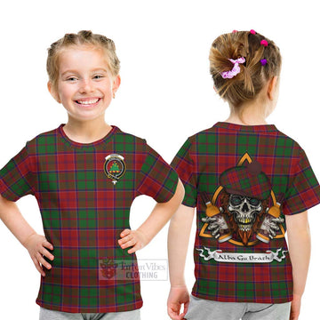 Tartan Vibes Clothing Grant Tartan Kid T-Shirt with Family Crest and Bearded Skull Holding Bottles of Whiskey