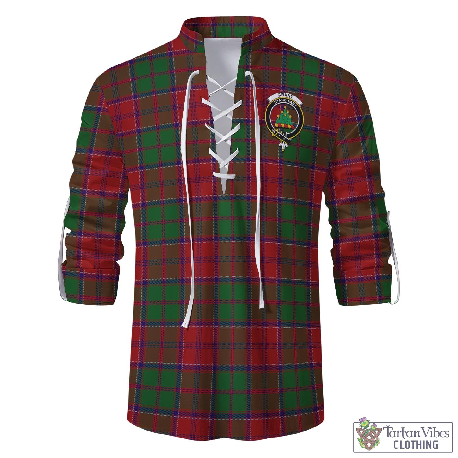 Tartan Vibes Clothing Grant Tartan Men's Scottish Traditional Jacobite Ghillie Kilt Shirt with Family Crest