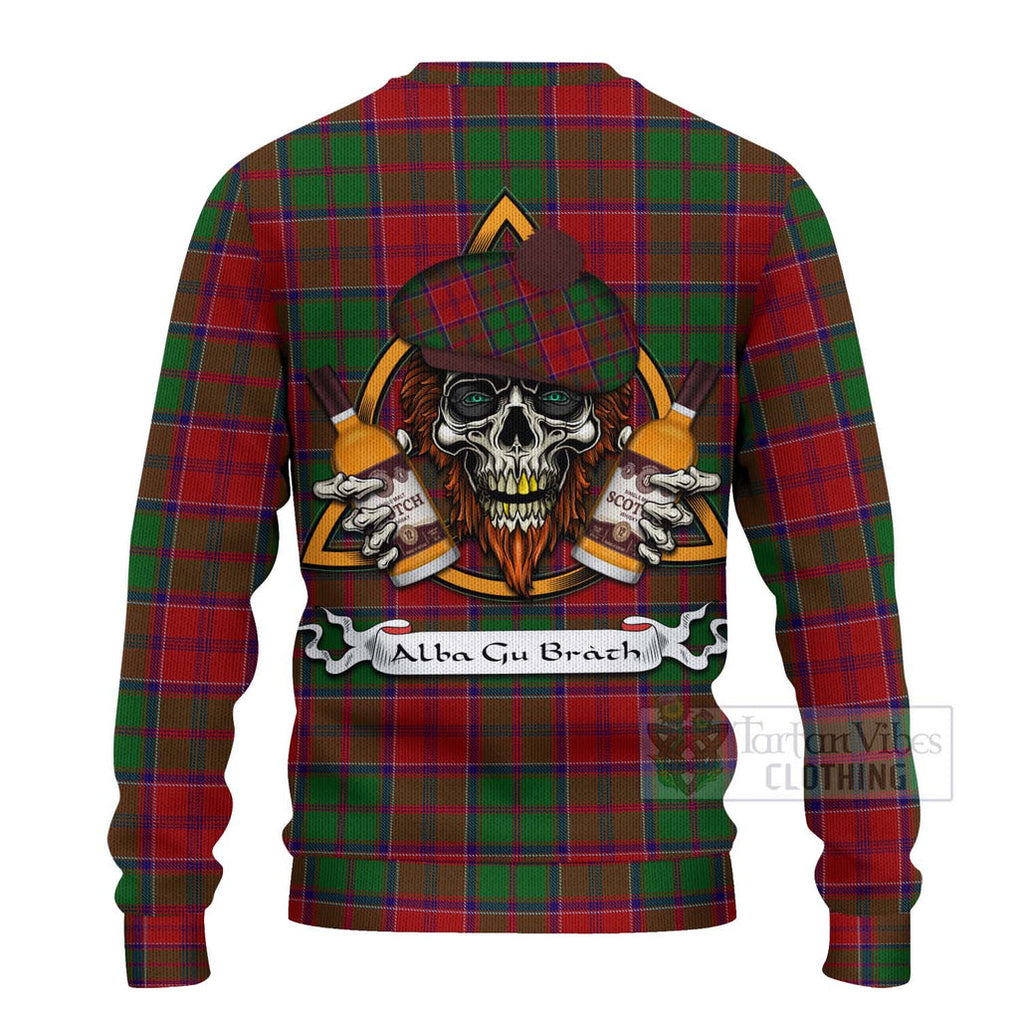 Tartan Vibes Clothing Grant Tartan Knitted Sweater with Family Crest and Bearded Skull Holding Bottles of Whiskey
