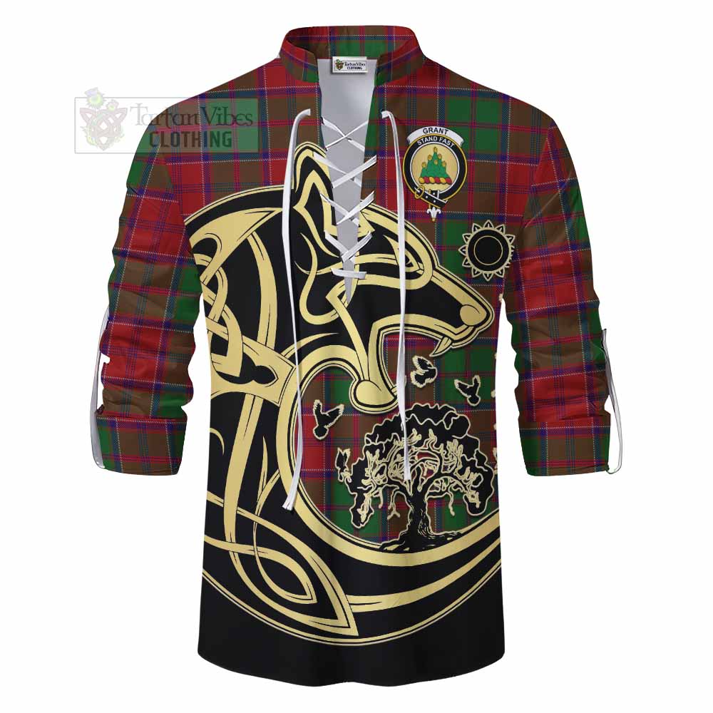 Tartan Vibes Clothing Grant Tartan Ghillie Kilt Shirt with Family Crest Celtic Wolf Style