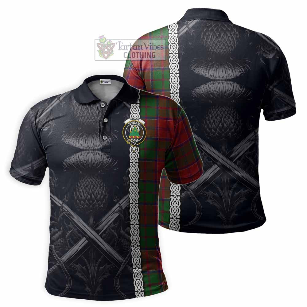 Tartan Vibes Clothing Grant Tartan Polo Shirt with Family Crest Cross Sword Thistle Celtic Vibes