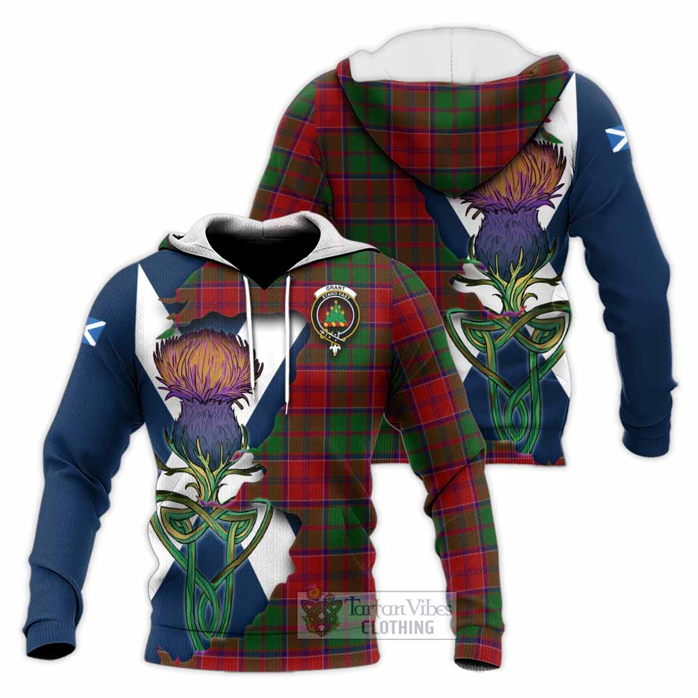 Tartan Vibes Clothing Grant Tartan Family Crest Knitted Hoodie Scottish Thistle Celtic Inspired