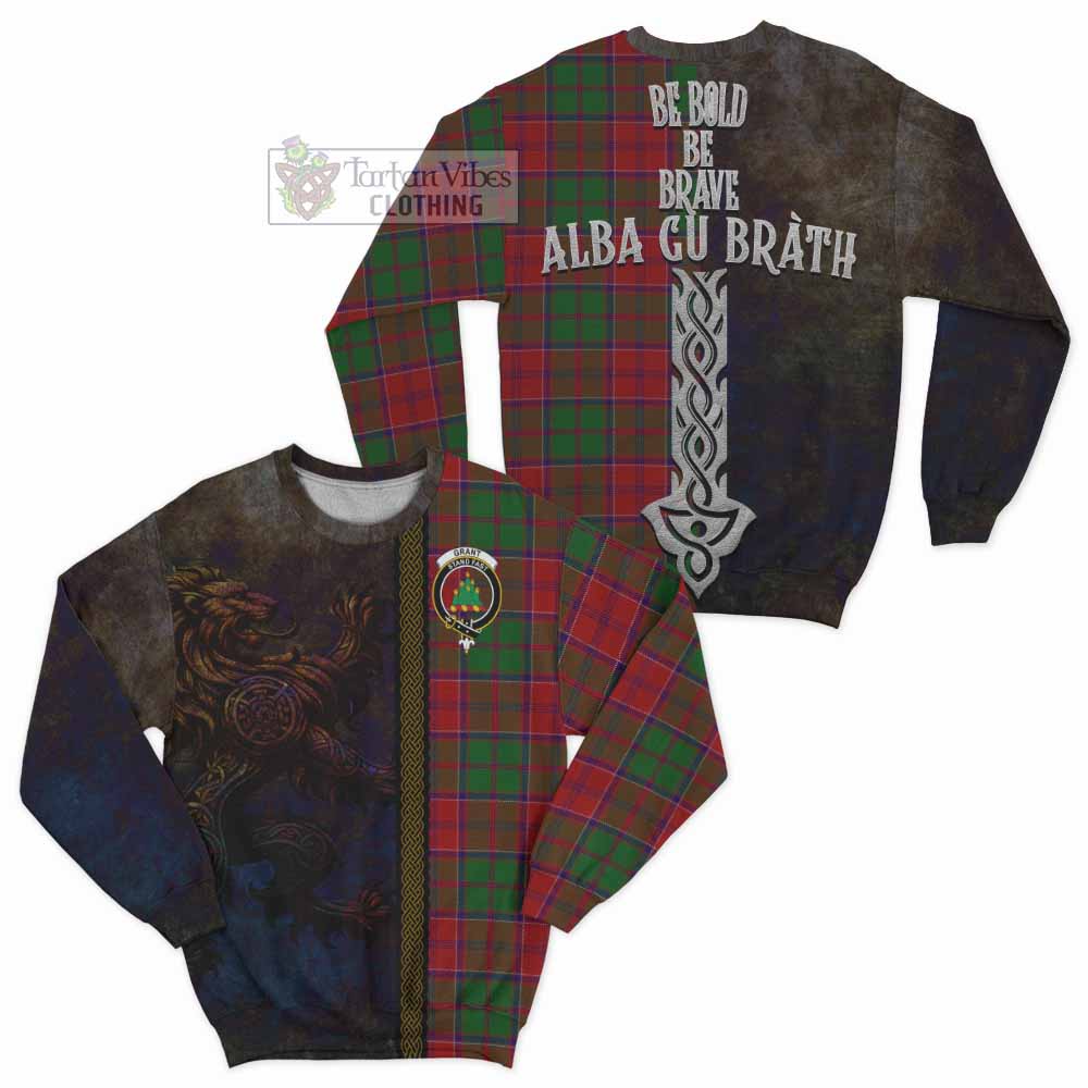 Tartan Vibes Clothing Grant Tartan Family Crest Sweatshirt Alba Gu Brath Be Brave Lion Ancient Style