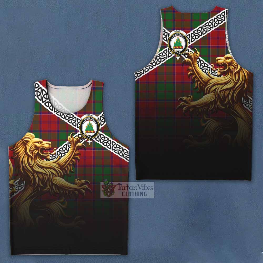 Tartan Vibes Clothing Grant Crest Tartan Men's Tank Top with Golden Lion Emblem Celtic Style