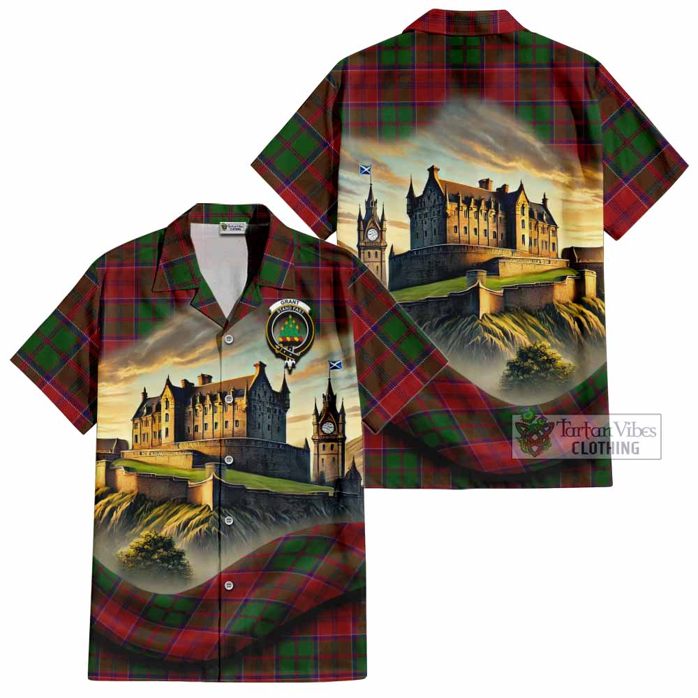 Tartan Vibes Clothing Grant Tartan Family Crest Short Sleeve Button Shirt with Scottish Ancient Castle Style
