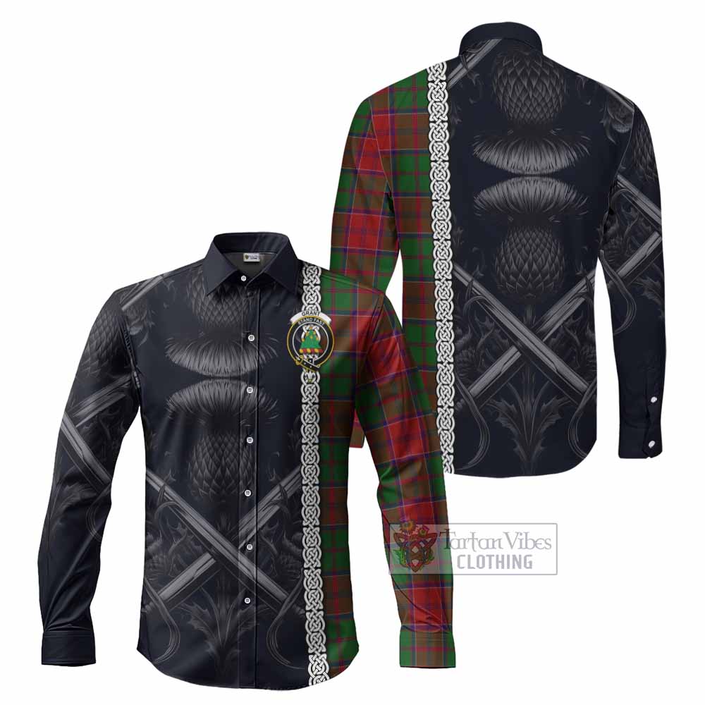 Tartan Vibes Clothing Grant Tartan Long Sleeve Button Shirt with Family Crest Cross Sword Thistle Celtic Vibes