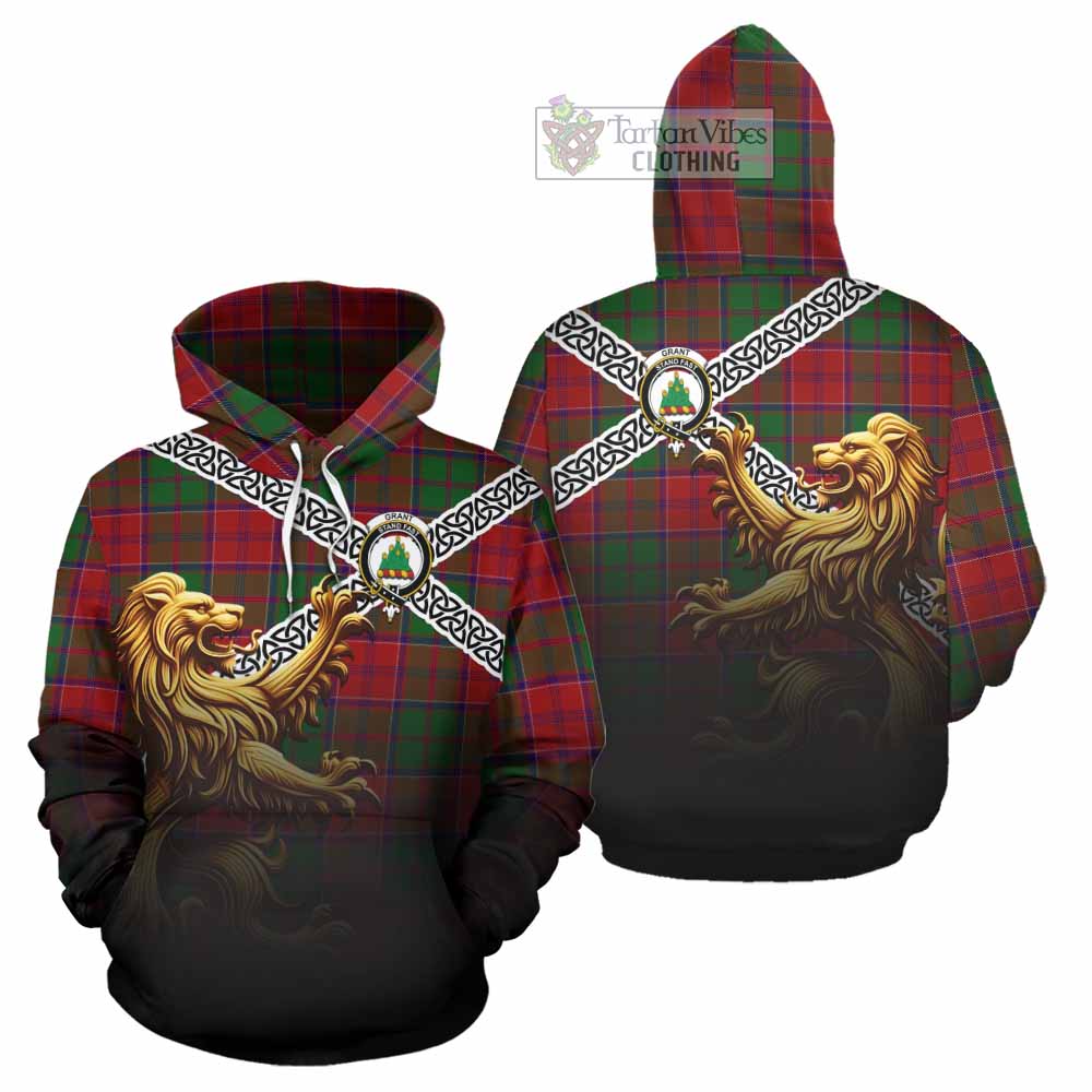 Tartan Vibes Clothing Grant Crest Tartan Hoodie with Golden Lion Emblem Celtic Style