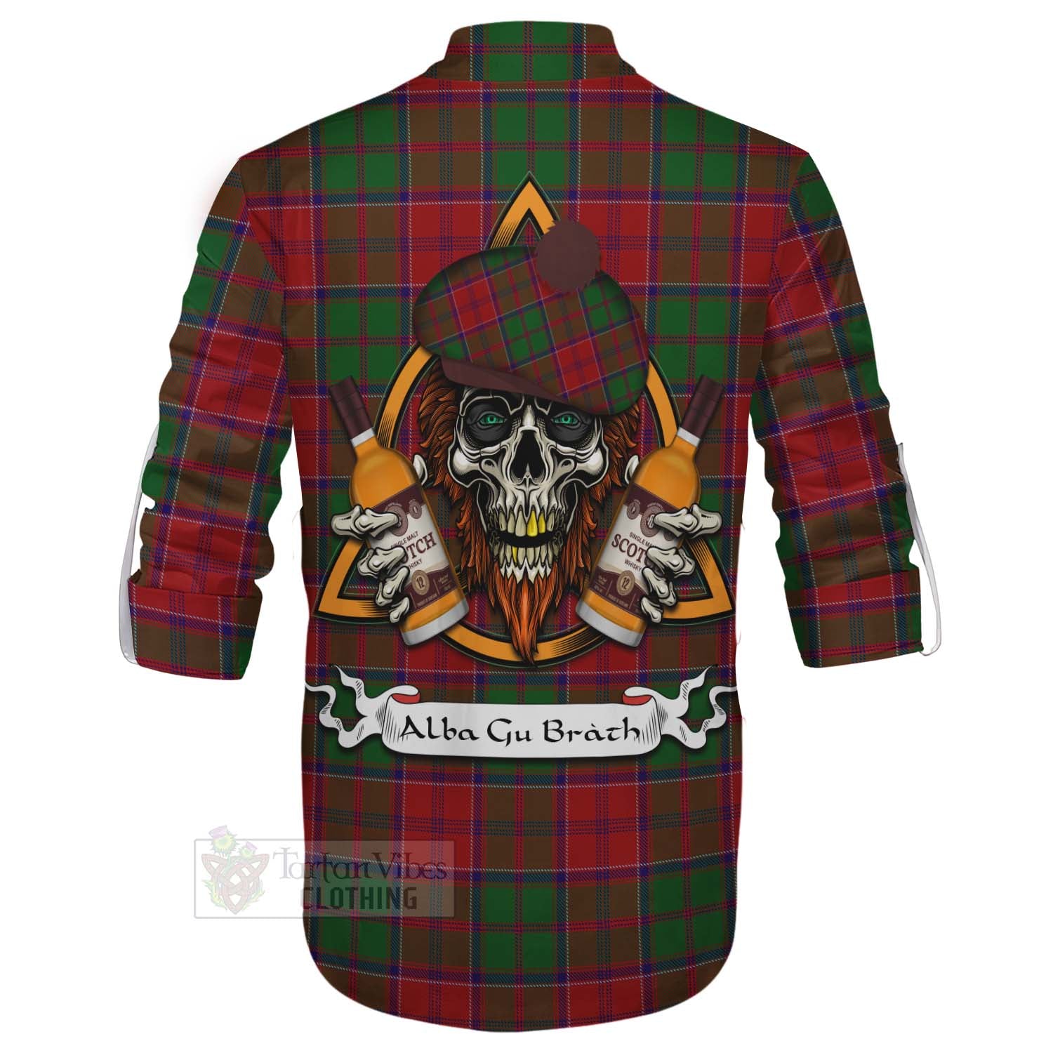 Tartan Vibes Clothing Grant Tartan Ghillie Kilt Shirt with Family Crest and Bearded Skull Holding Bottles of Whiskey