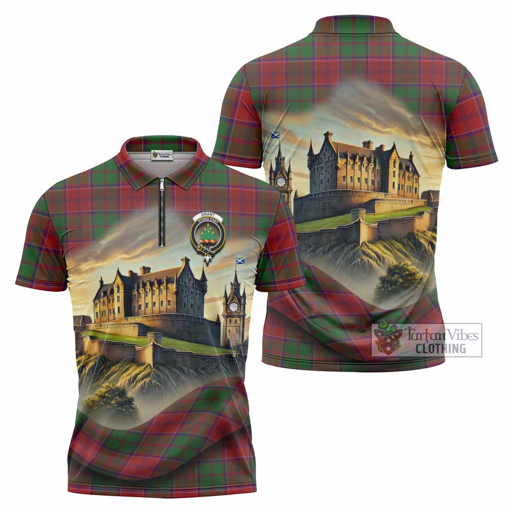 Tartan Vibes Clothing Grant Tartan Family Crest Zipper Polo Shirt with Scottish Ancient Castle Stype