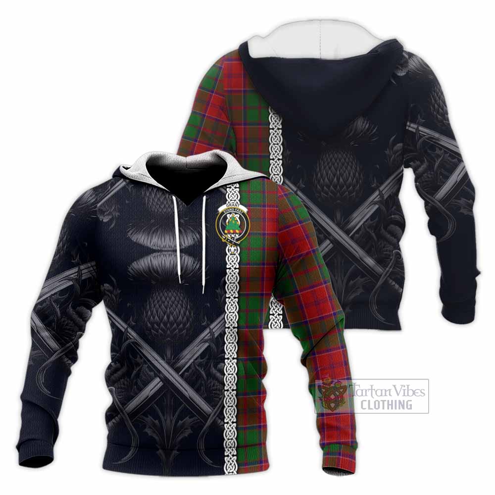 Tartan Vibes Clothing Grant Tartan Knitted Hoodie with Family Crest Cross Sword Thistle Celtic Vibes
