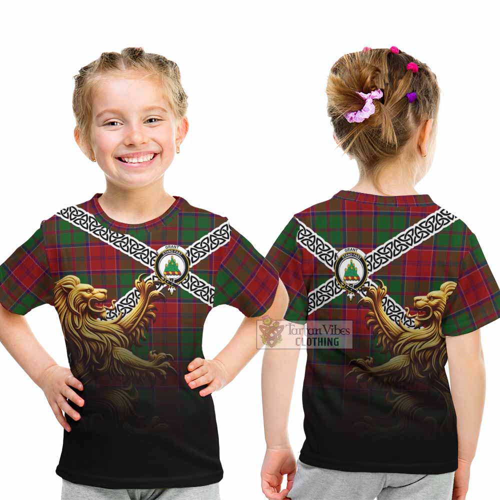 Tartan Vibes Clothing Grant Crest Tartan Kid T-Shirt with Golden Lion Emblem Celtic Style