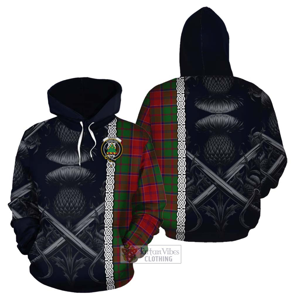 Tartan Vibes Clothing Grant Tartan Cotton Hoodie with Family Crest Cross Sword Thistle Celtic Vibes