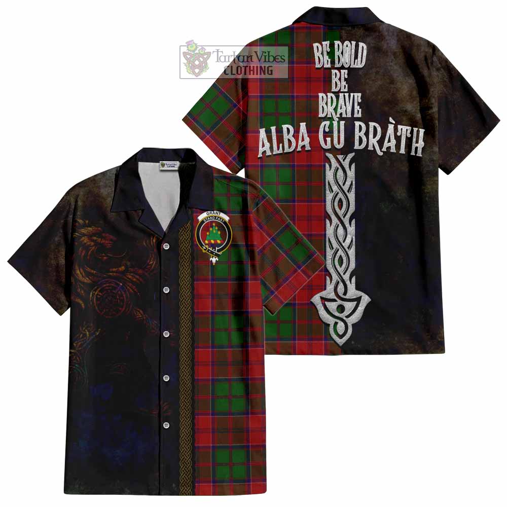 Tartan Vibes Clothing Grant Tartan Family Crest Short Sleeve Button Shirt Alba Gu Brath Be Brave Lion Ancient Style