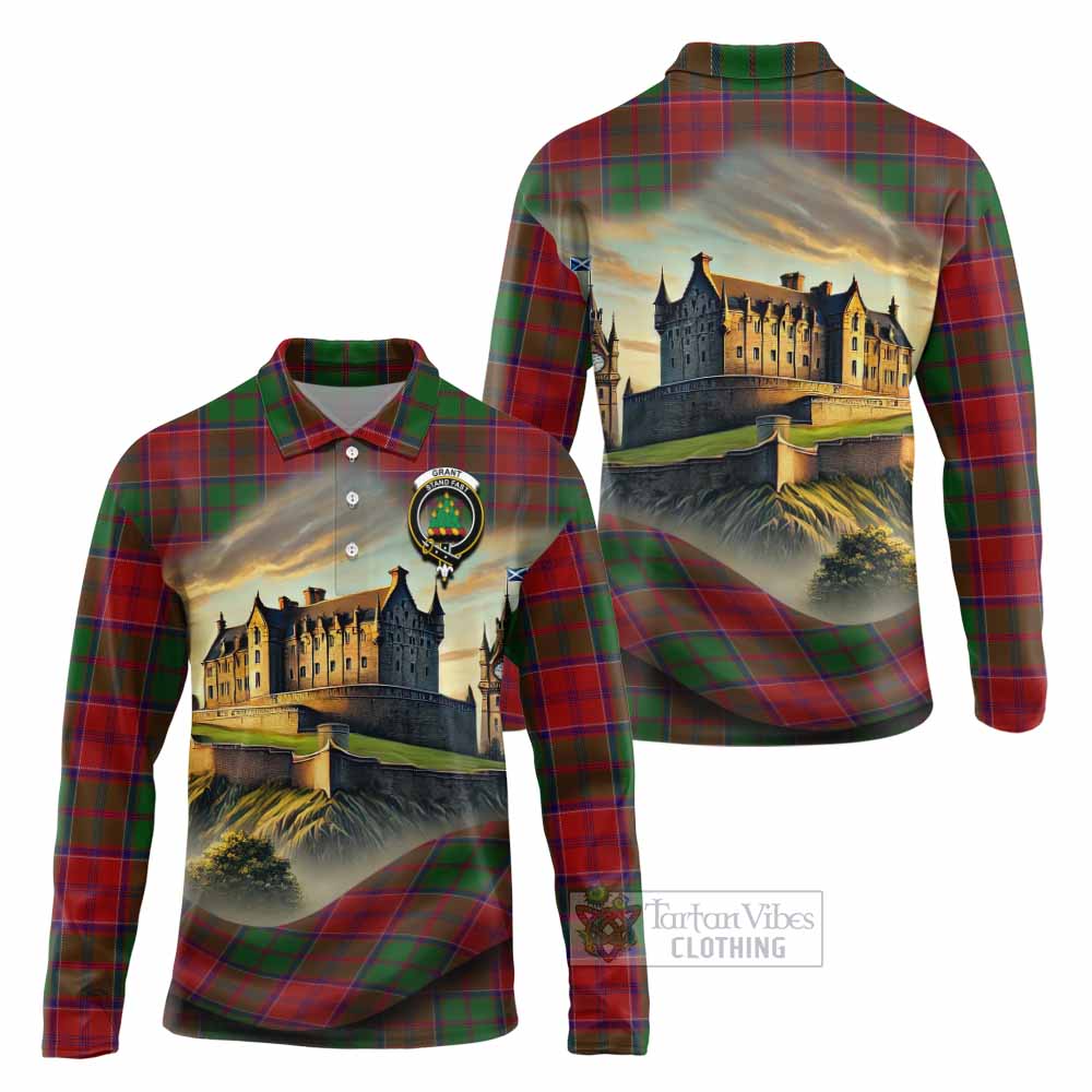 Tartan Vibes Clothing Grant Tartan Family Crest Long Sleeve Polo Shirt with Scottish Ancient Castle Style